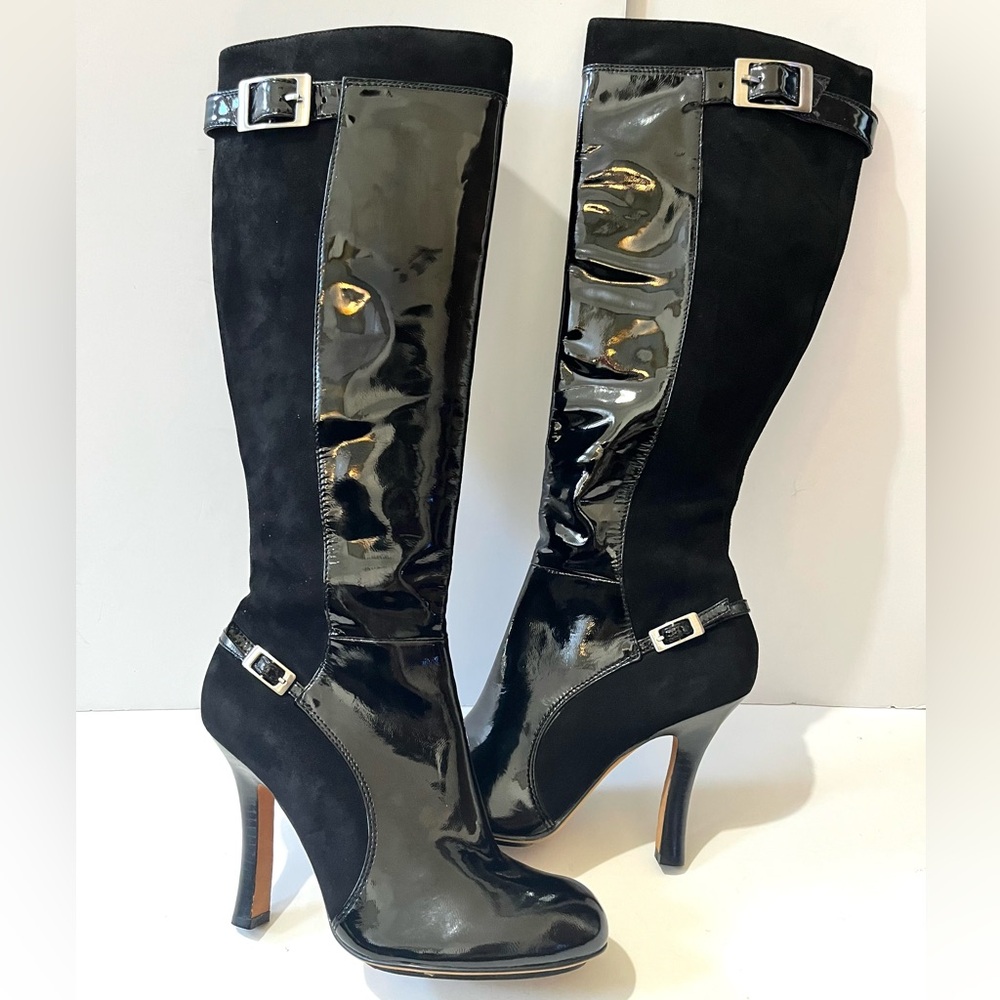 MODERN VINTAGE Black Suede/Patent Leather Partial Inner Zip Knee High Boots 38